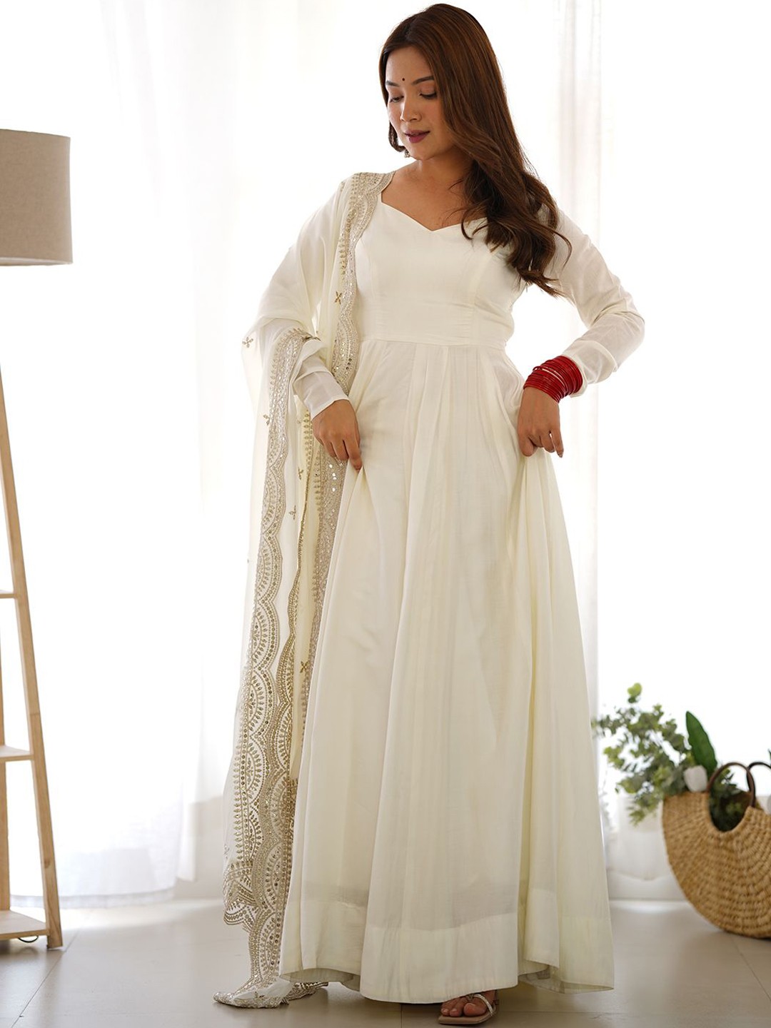 

ZIBLON Women Regular Sequinned Chanderi Cotton Kurta with Trousers & With Dupatta, Off white