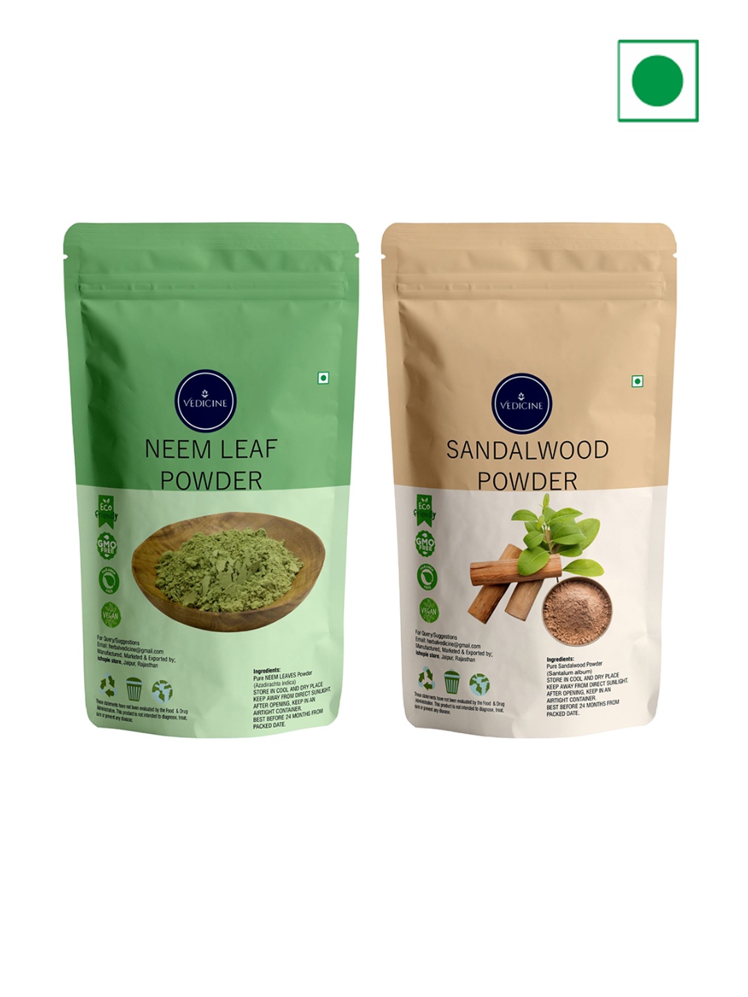 

VEDICINE Set Of 2 Neem Leaf & Sandalwood Powder-100g each, Green