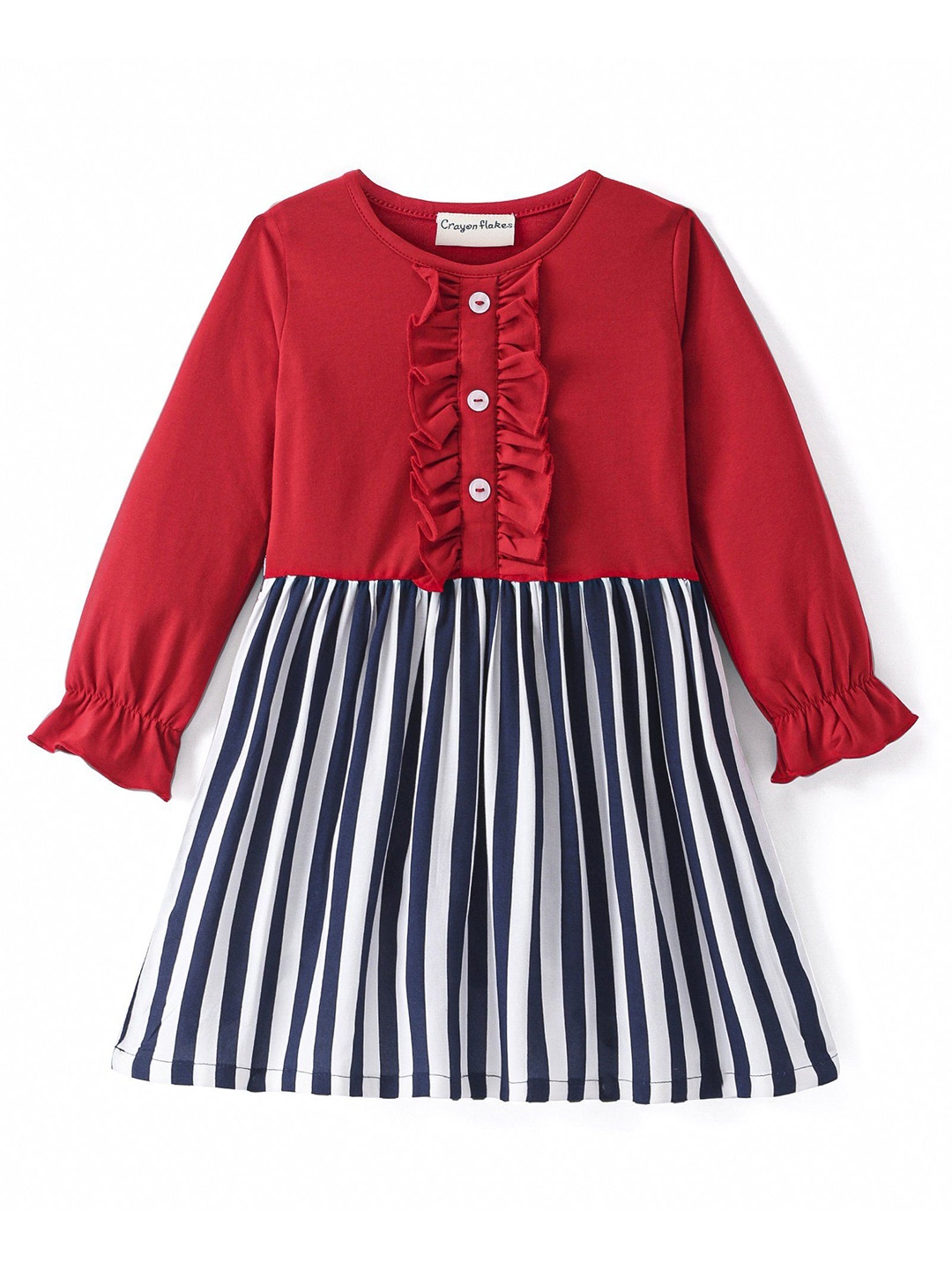 

CrayonFlakes Girls Striped Bell Sleeves Cotton A-Line Dress, Red