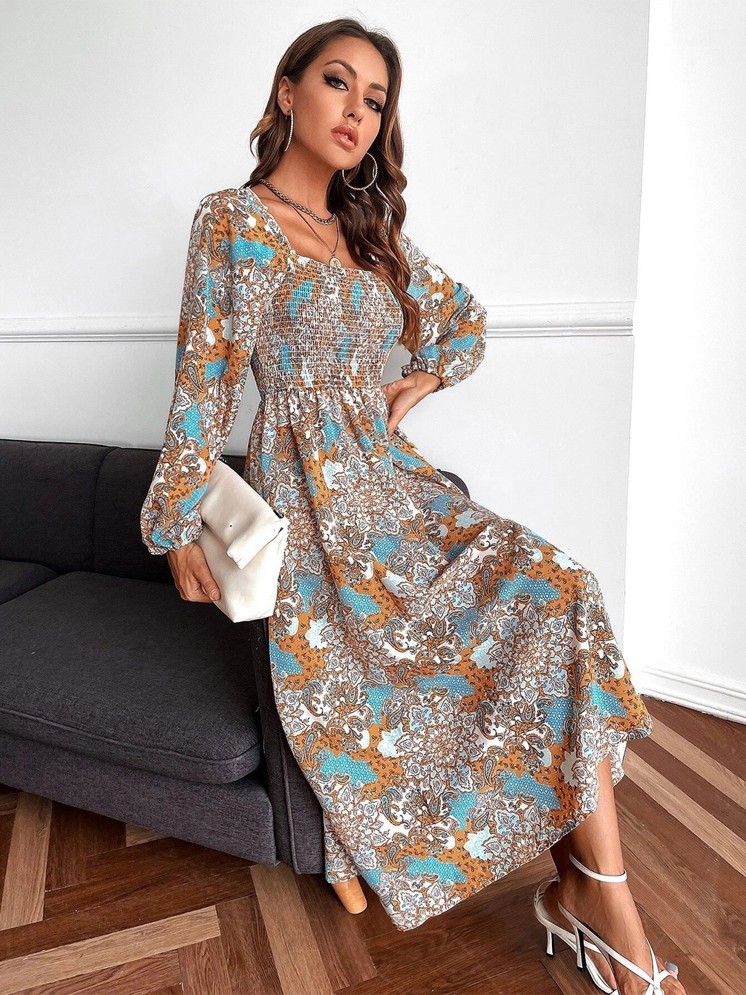 

Stylecast X Slyck Floral Printed Fit and Flare Midi Dress, Grey