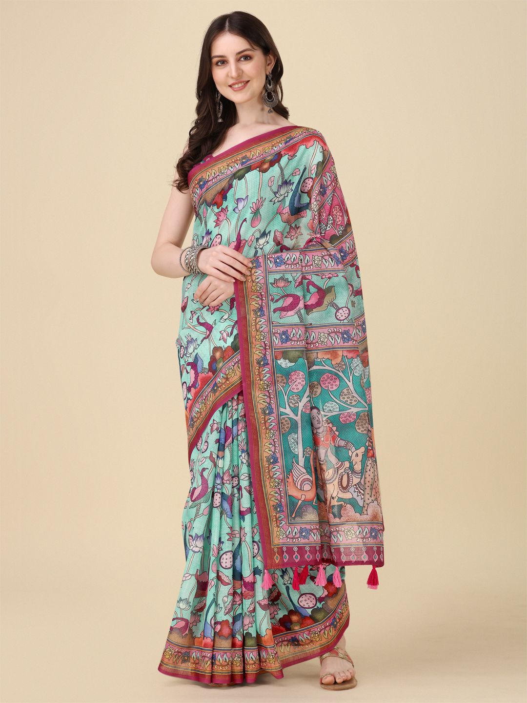 

Kaizen TEXO FAB Women Kalamkari Printed Khadi Saree With Printed Border, Sea green