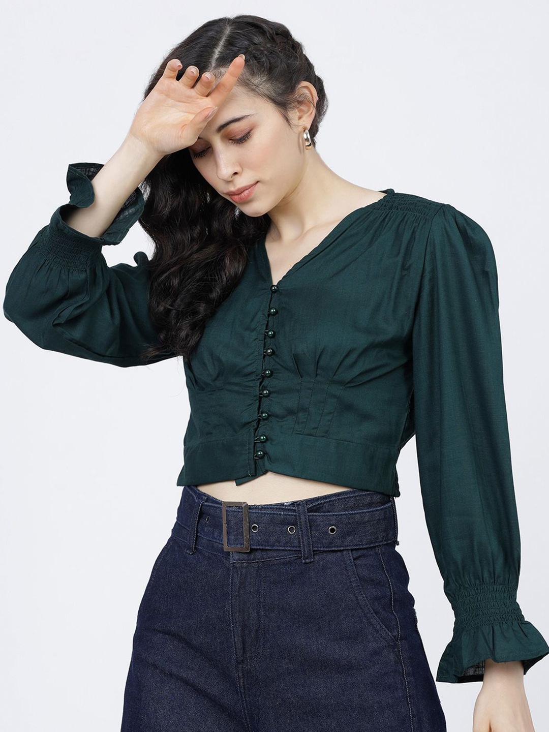 

Tokyo Talkies Bell Sleeve Crop Top, Green