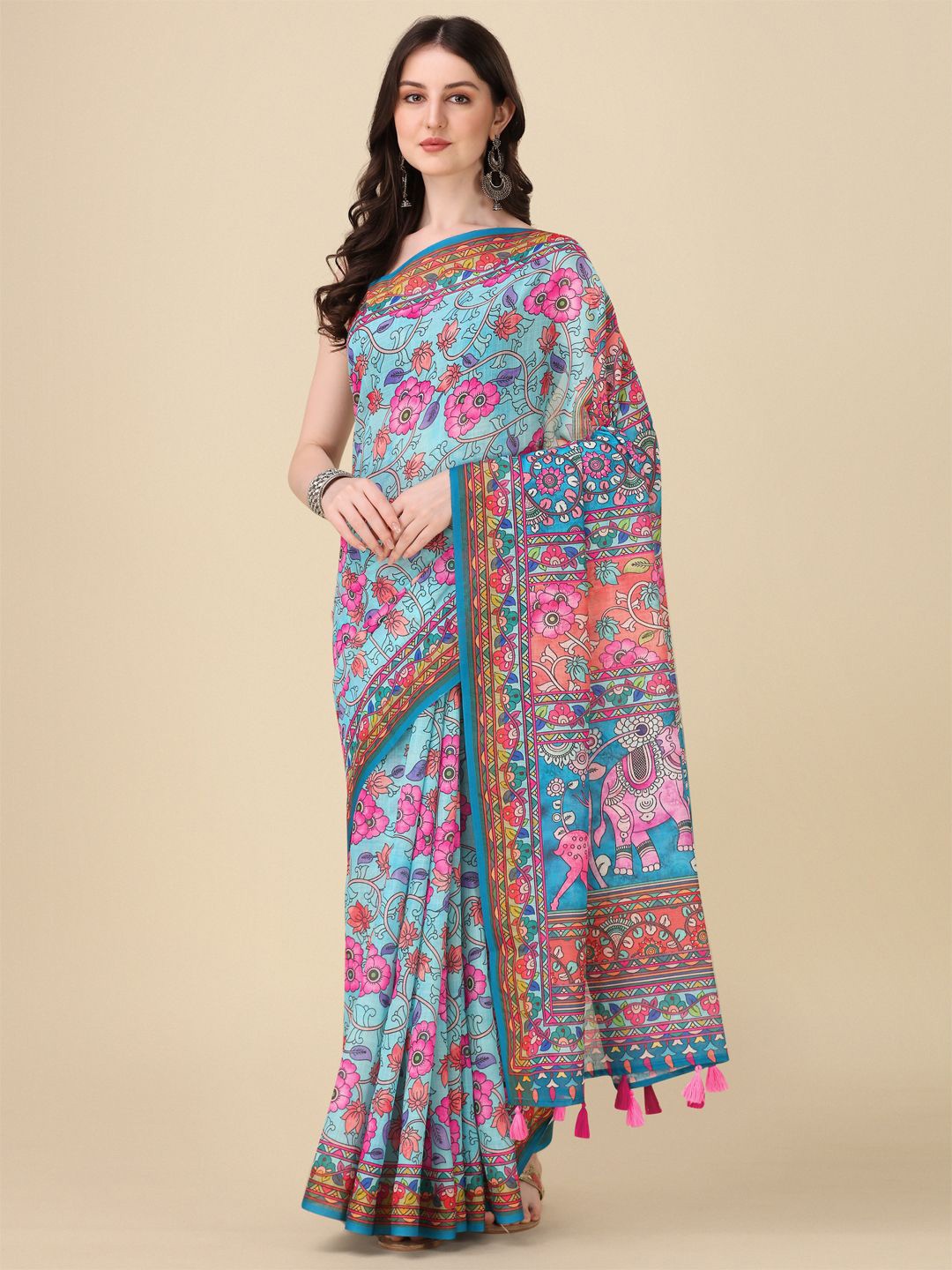 

Kaizen TEXO FAB Kalamkari Khadi Saree, Sea green
