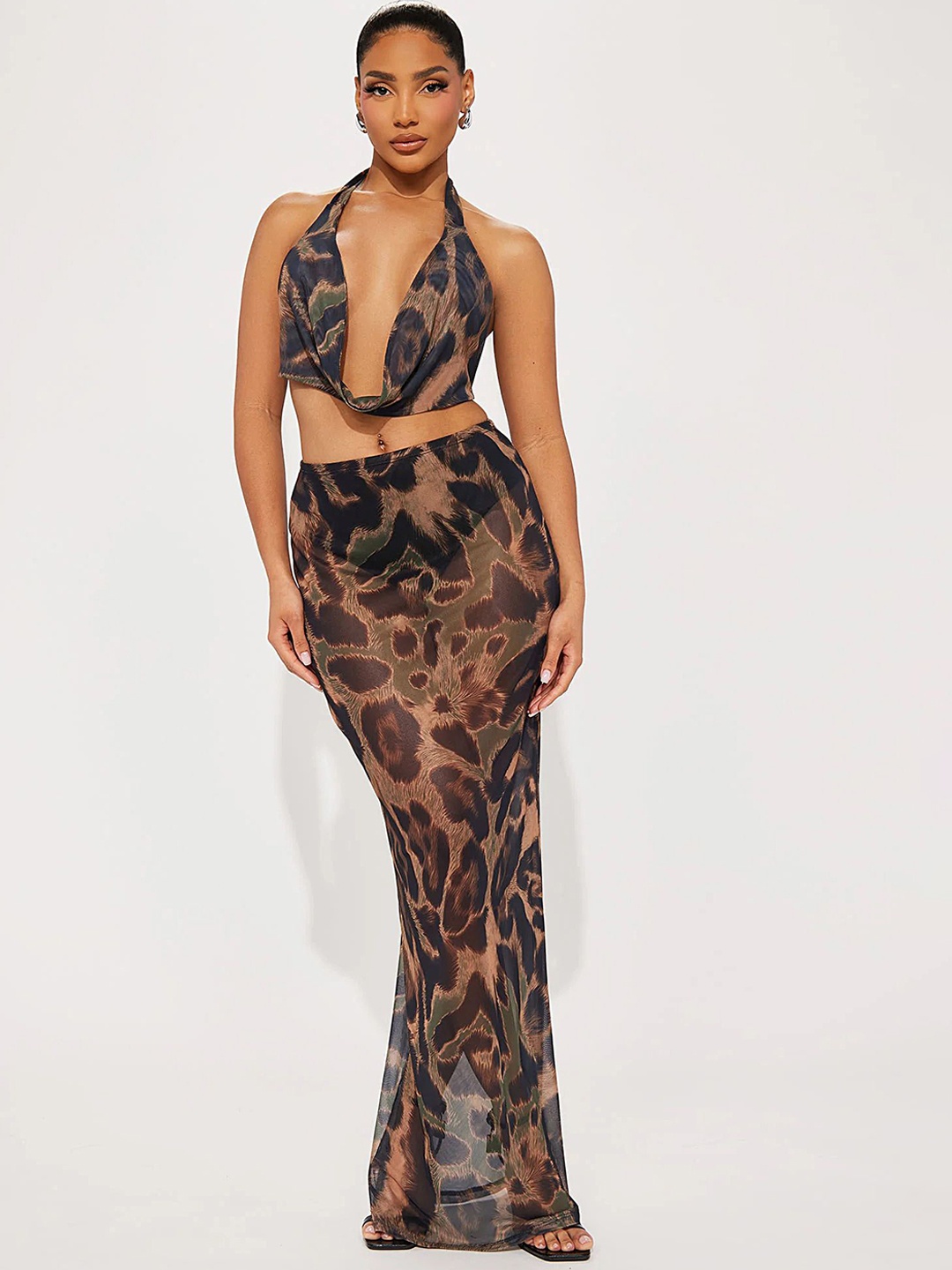 

LULU & SKY Printed Crop Top With Long Skirt Co-Ords, Black