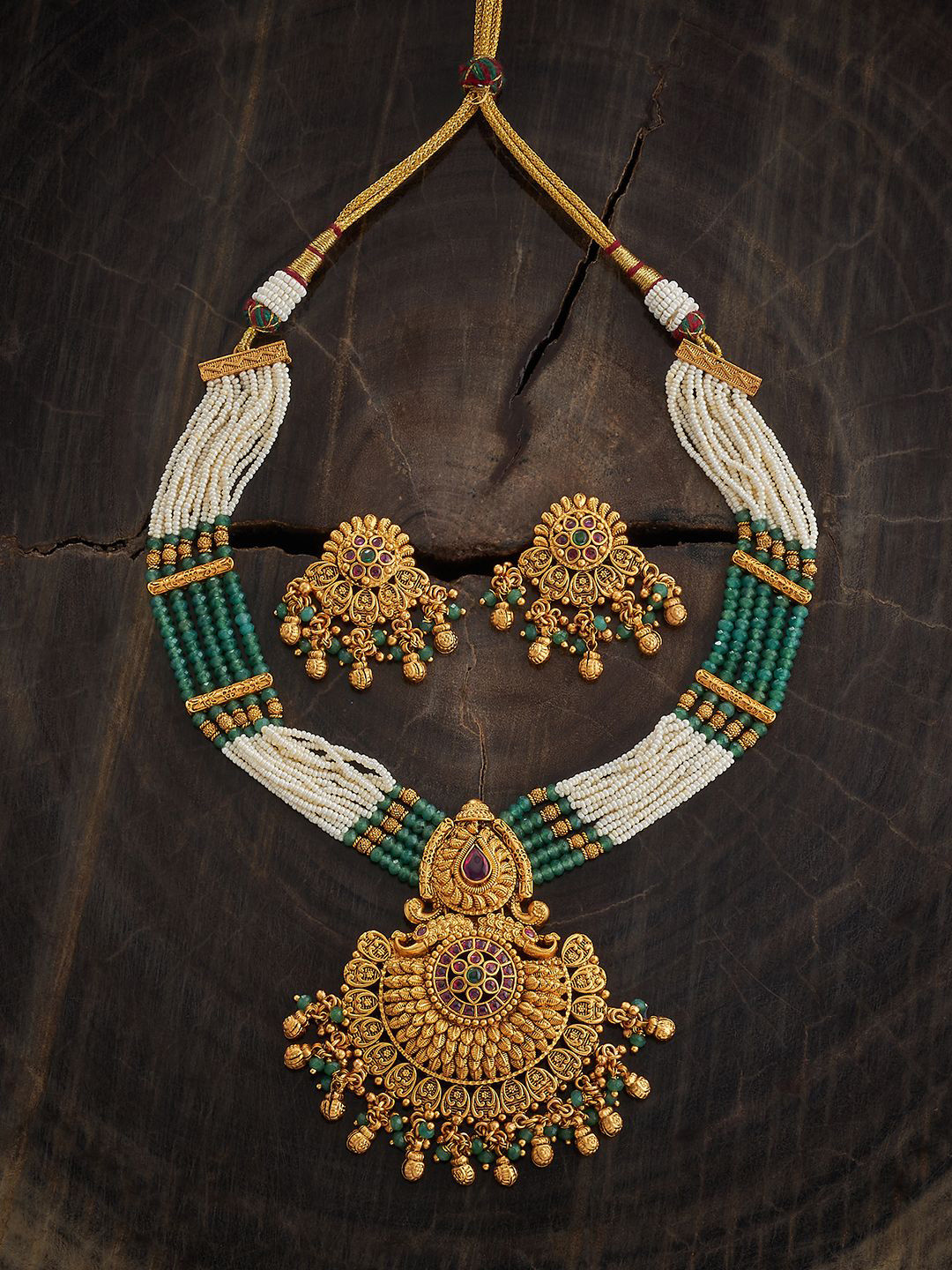 

Kushal's Fashion Jewellery Gold-Plated Ruby Beaded Details Antique Necklace and Earrings