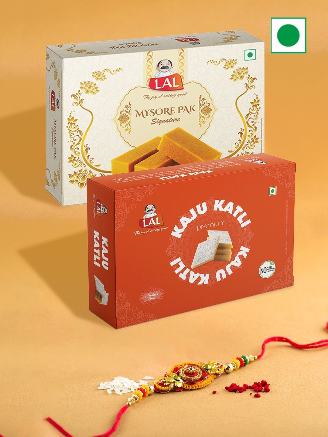 

LAL Rakhie & Mysore Pak & Kaju Katli With Roli Chawal Sweets Gifts - 400g, Red