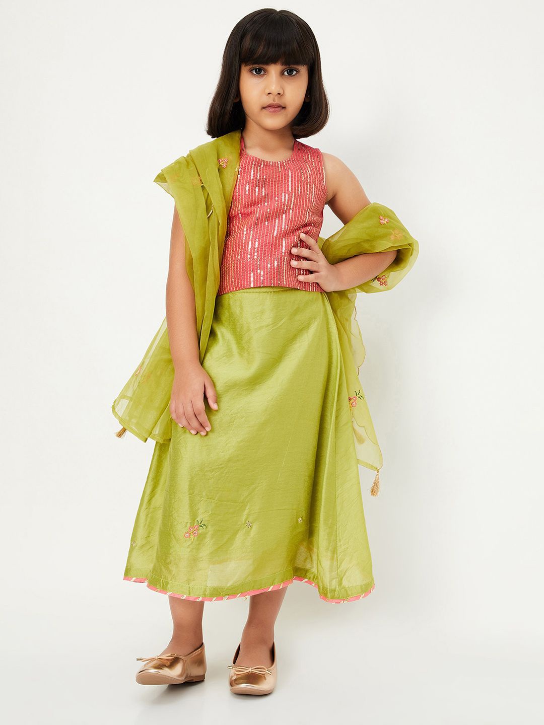 

max Girls Embellished Sequinned Ready to Wear Lehenga & Blouse With Dupatta, Green