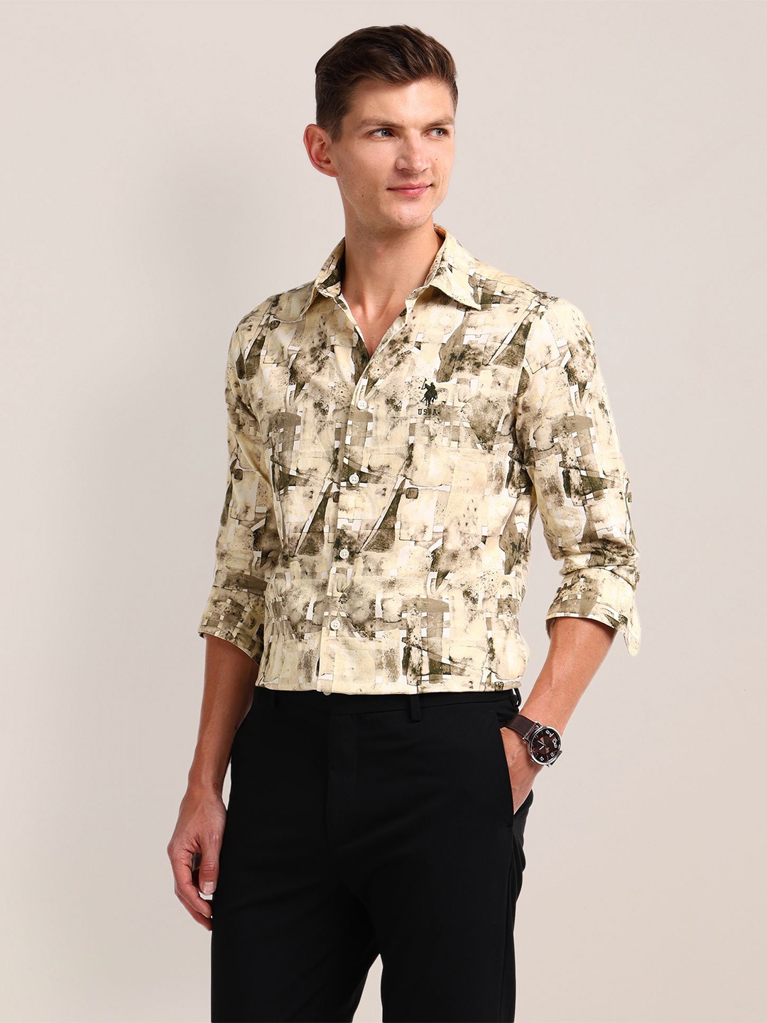 

U.S. Polo Assn. Men Classic Opaque Printed Casual Shirt, Beige