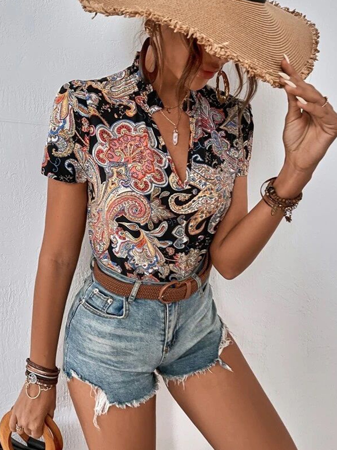 

Stylecast X Slyck Floral Printed Mandarin Collar Puff Sleeve Top, Black
