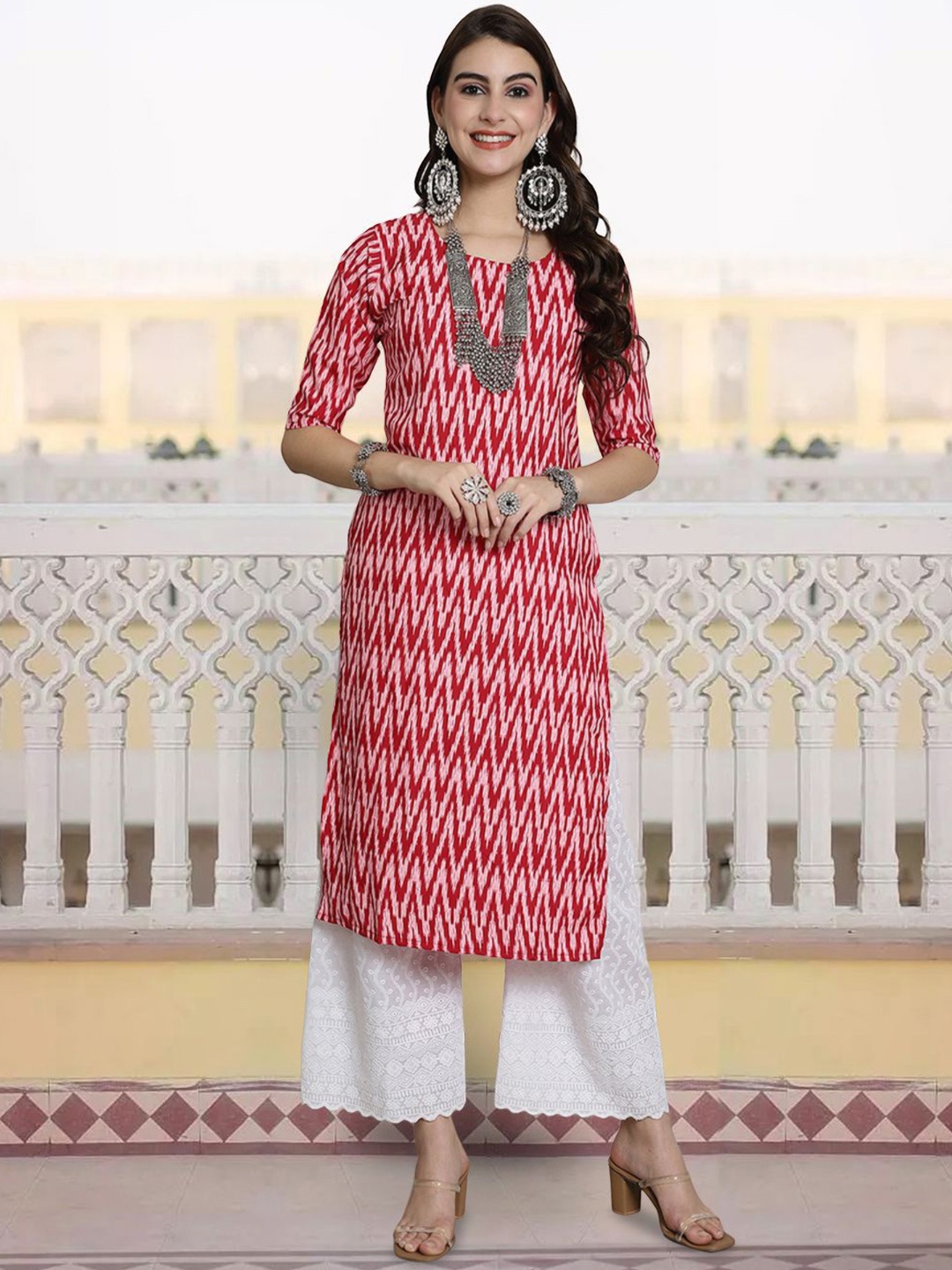 

7Threads Women Striped Floral Crepe Anarkali Kurta, Multi