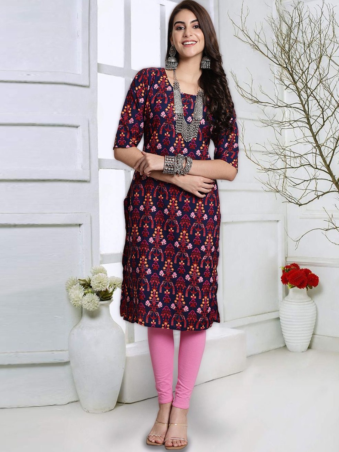 

7Threads Women Printed Mirror Work Floral Crepe Kurta, Multi