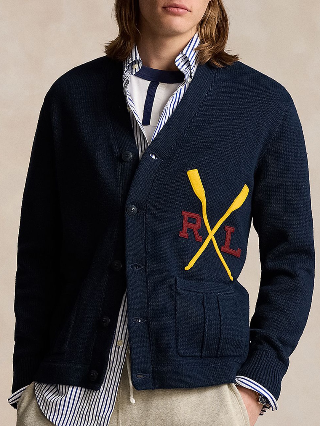 

Polo Ralph Lauren Men Printed Pure Cotton Cardigan, Navy blue