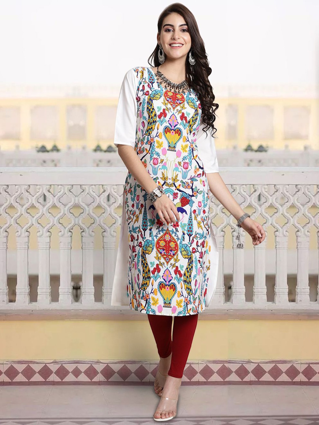 

7Threads Women Geometric Printed Flared Sleeves Thread Work Floral Crepe Kurta, Multi
