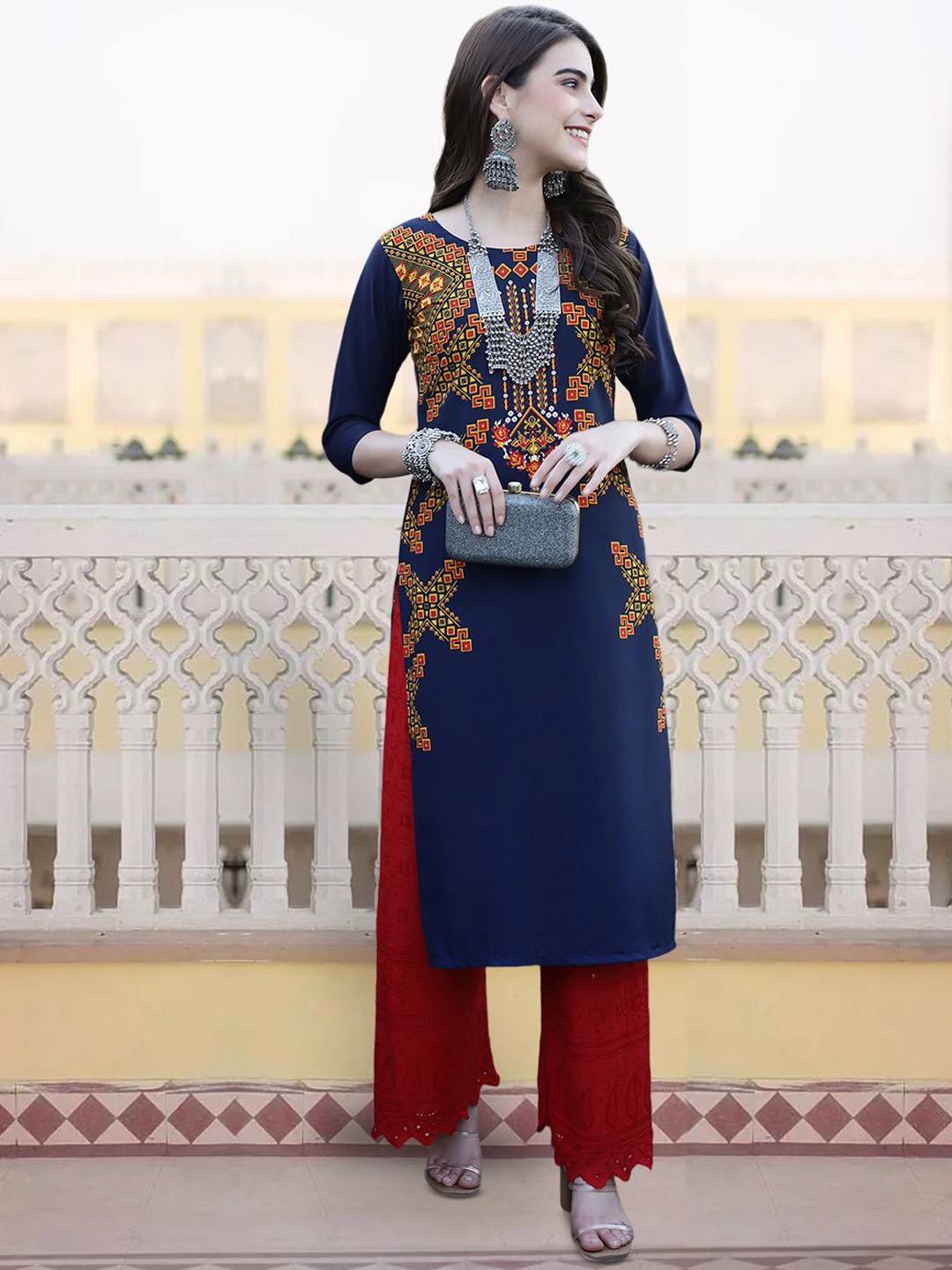 

7Threads Women Ethnic Motifs Printed Sequinned Floral Crepe Kurta, Multi
