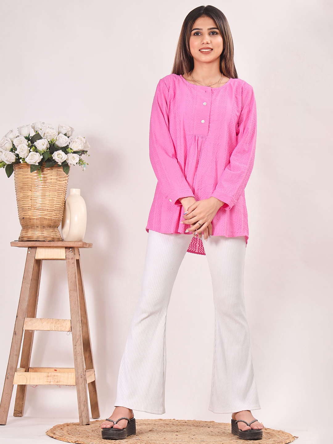 

SIDDHO HUM Puff Sleeve Ethnic Cotton Top, Pink