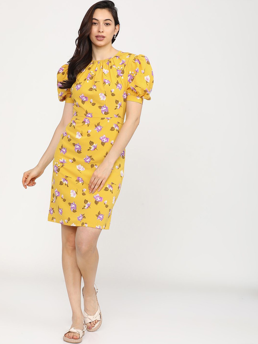 

Tokyo Talkies Floral Printed Puff Sleeve Sheath Dress, Yellow