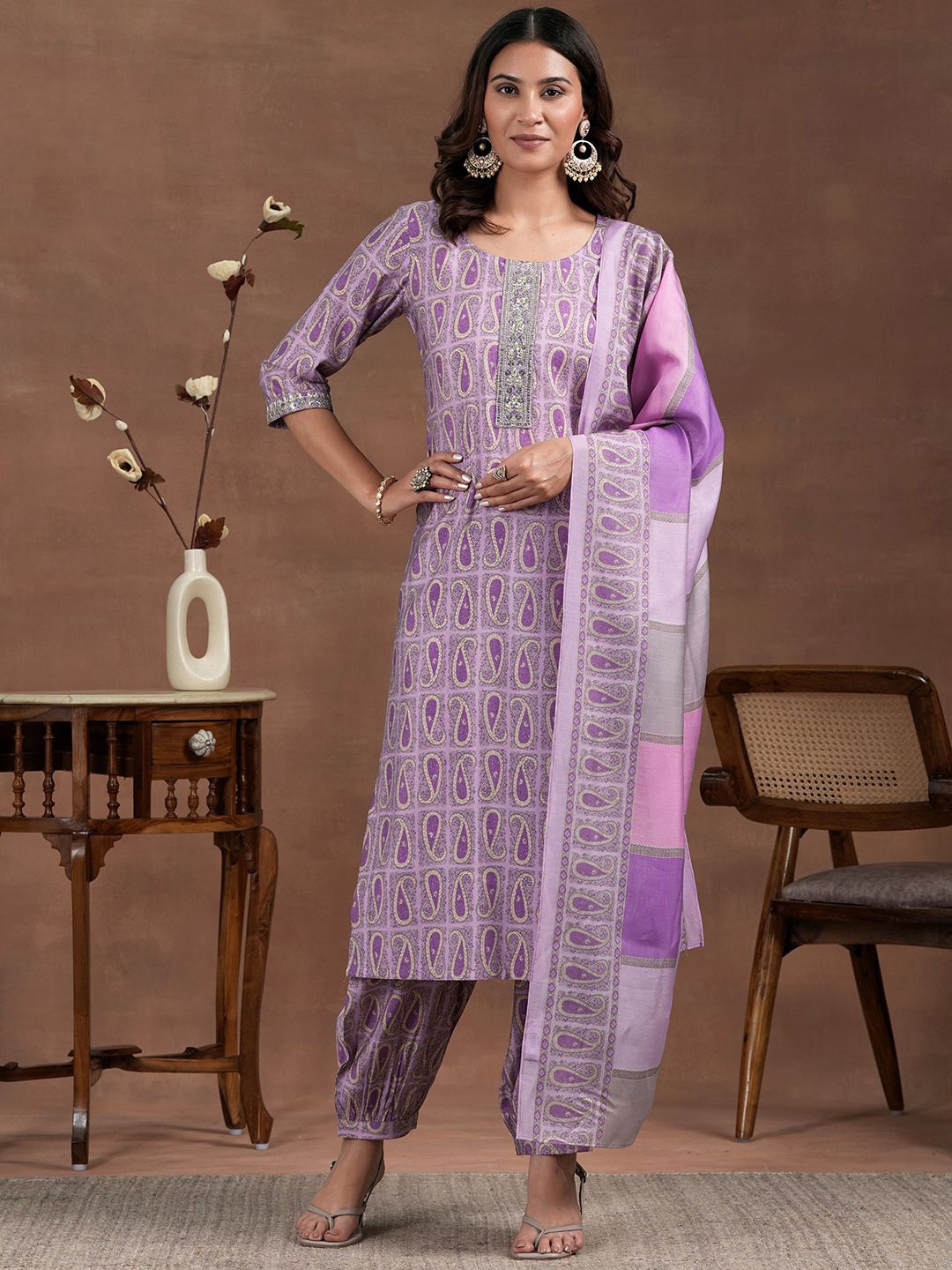 

Libas Paisley Printed Sequinned Straight Kurta With Salwar & Dupatta, Purple