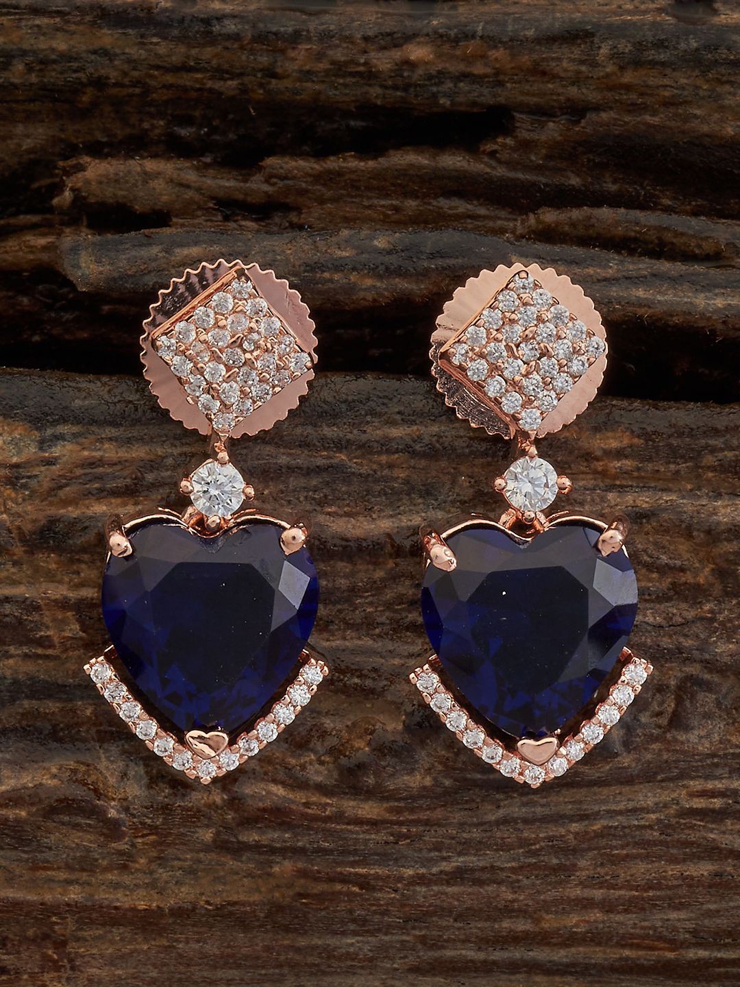 

Kushal's Fashion Jewellery Rose Gold-Plated Heart Shaped Cubic Zirconia Drop Earrings, Navy blue