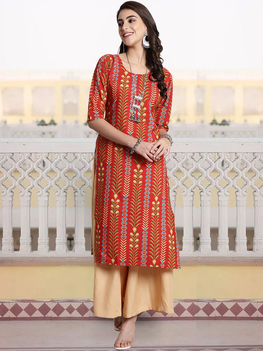 

7Threads Women Geometric Printed Floral Crepe Kurta, Multi
