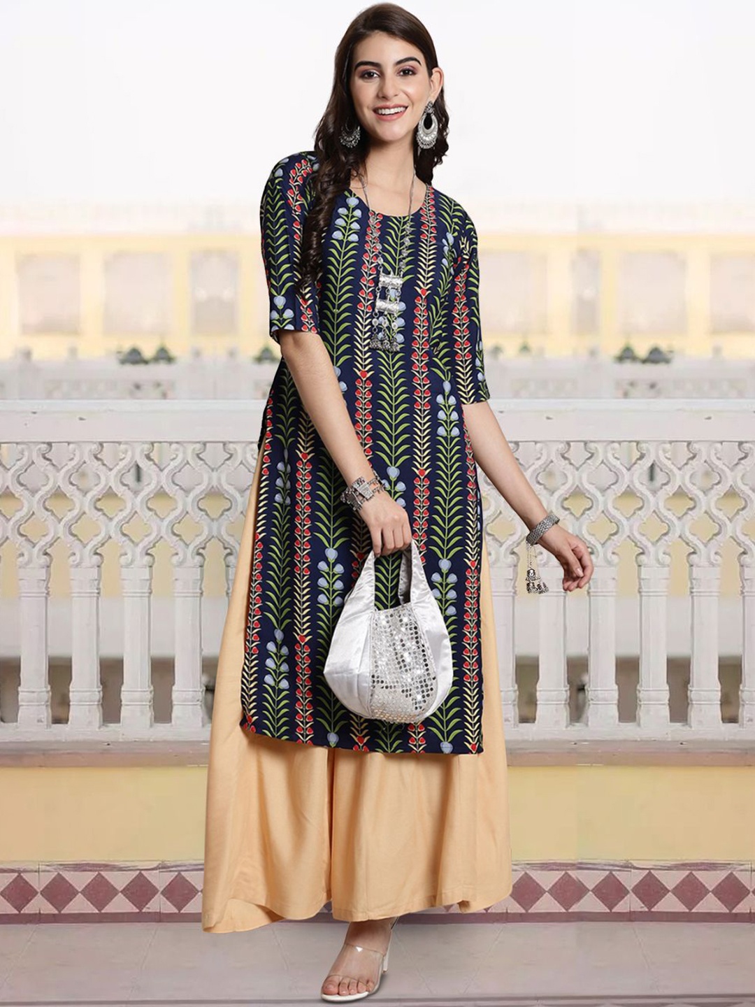 

7Threads Women Ethnic Motifs Printed Sequinned Floral Crepe Kurta, Multi