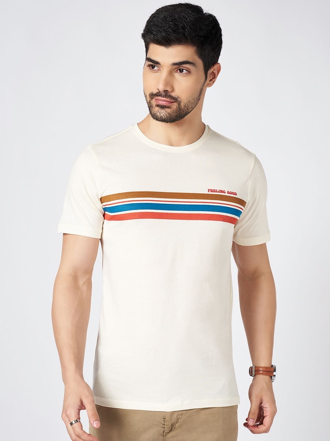 

Urban Ranger by pantaloons Men Striped Round Neck Cotton Slim Fit T-Shirt, Off white