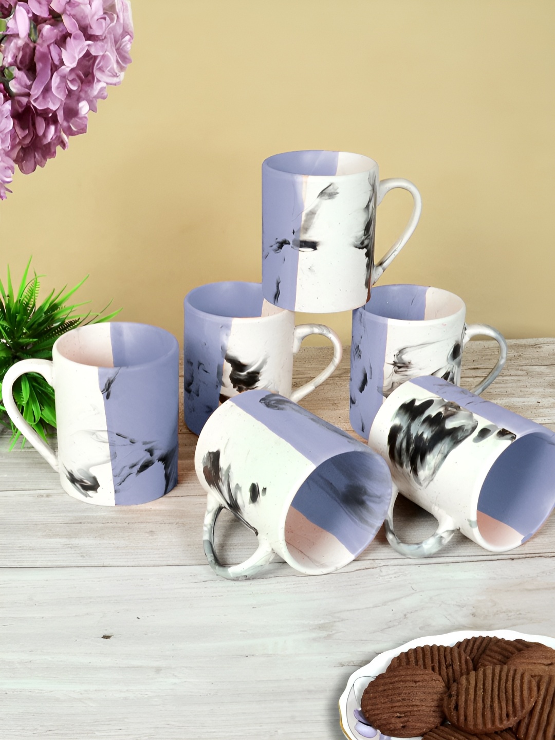 

FABINALIV Purple & White 6 Pieces Abstract Printed Ceramics Matte Mugs 280 ml Each
