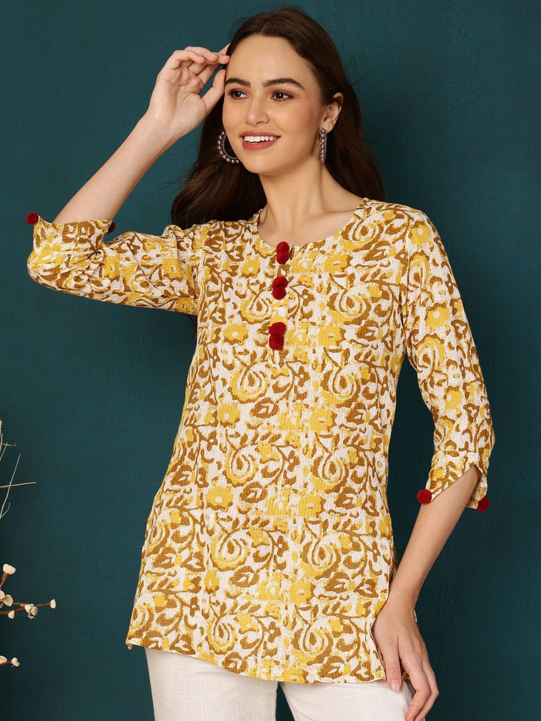 

AKIMIA Floral Printed Pure Cotton Kurti, Mustard