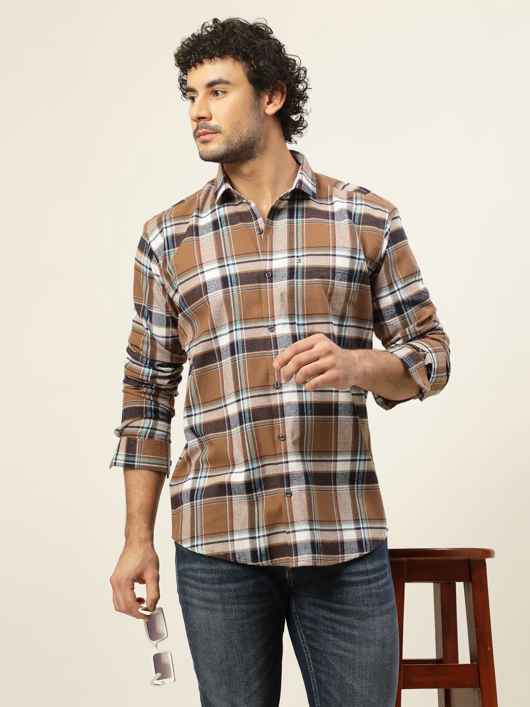 

JADEBERRY Men Classic Slim Fit Tartan Checks Opaque Checked Casual Shirt, Coffee brown