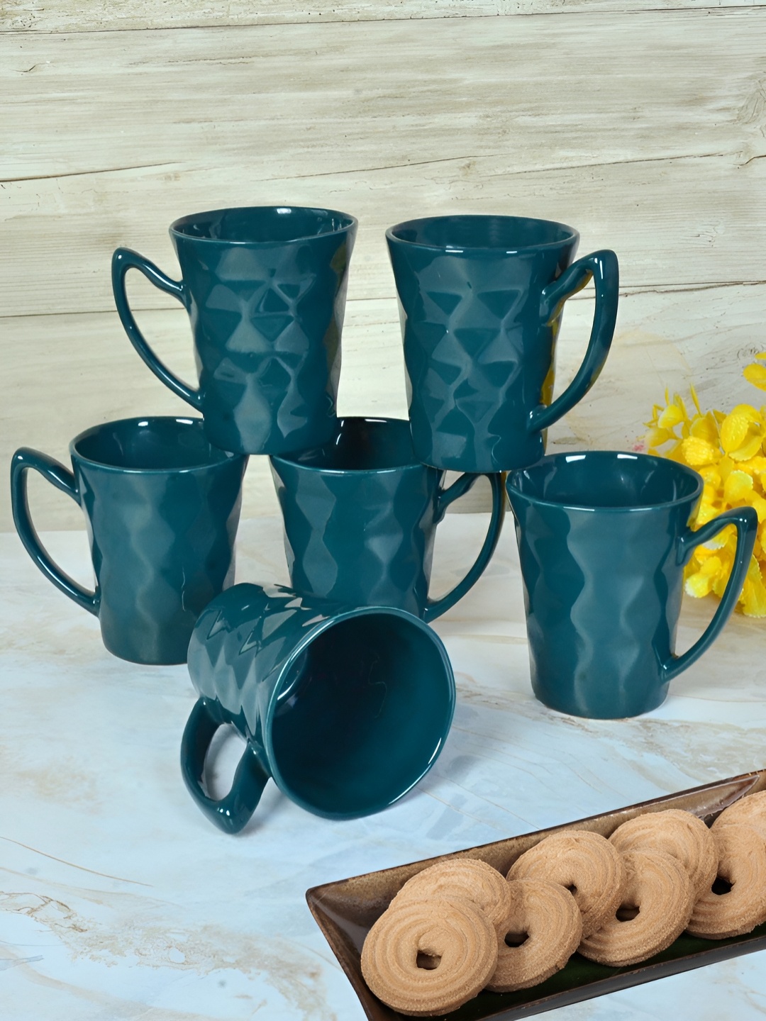 

FABINALIV Green 6 Pieces Geometric Ceramics Glossy Mugs 310ml