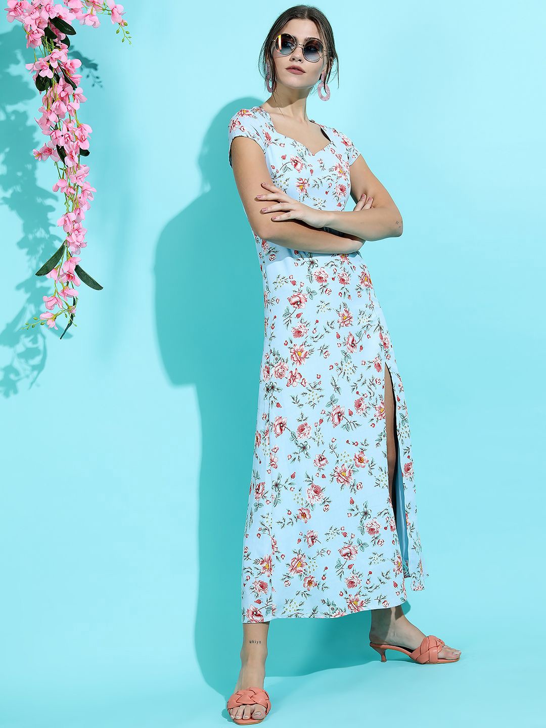 

Tokyo Talkies Floral Printed Cap Sleeves Maxi Dress, Blue
