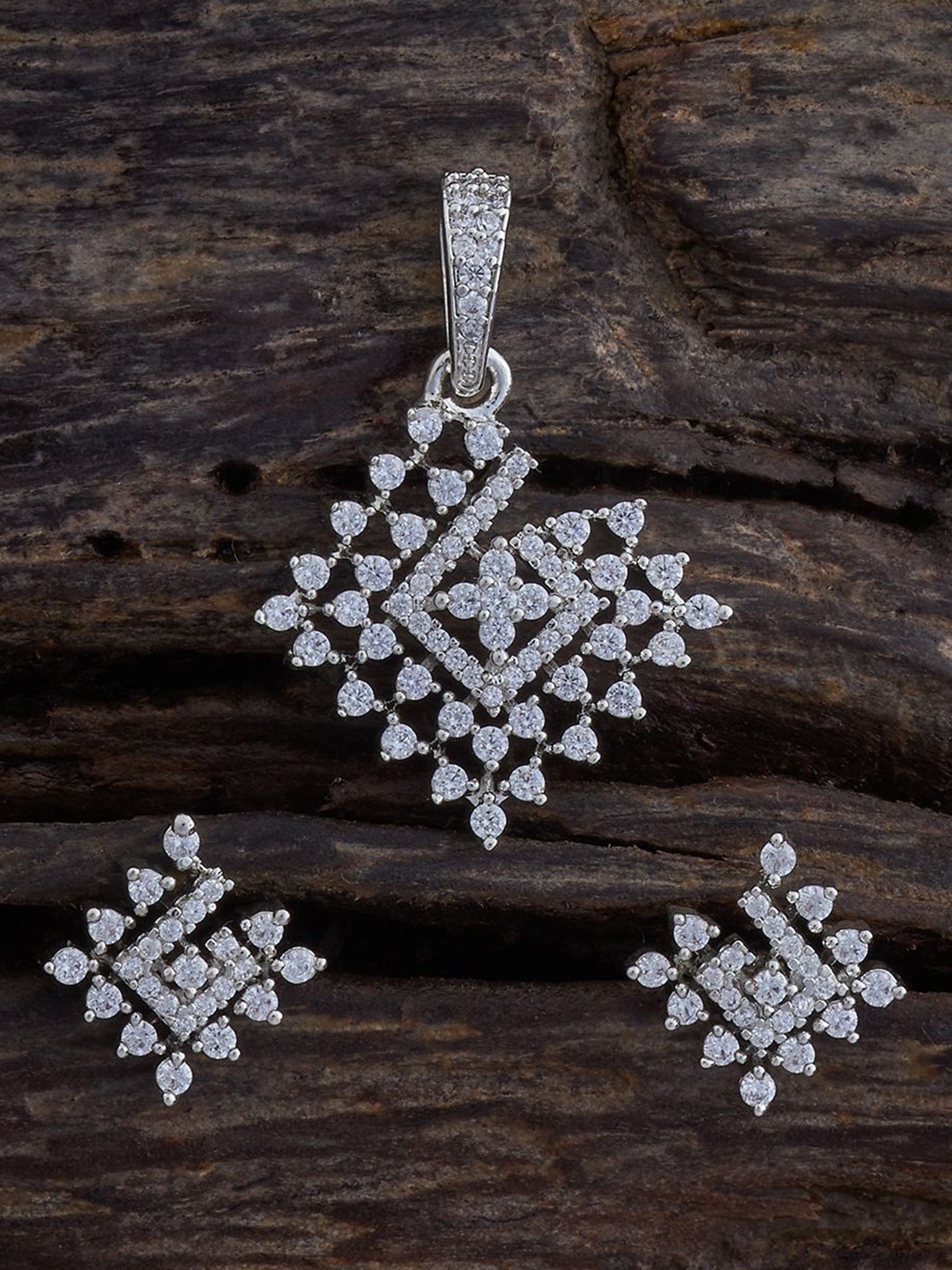 

Kushal's Fashion Jewellery Rhodium-Plated Cubic Zirconia-Studded Pendant Set, Silver