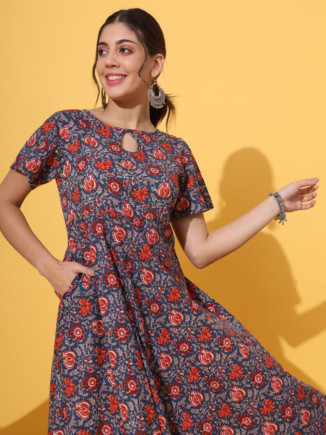 

KALINI Printed Keyhole Neck Cotton Fit & Flare Midi Dress, Blue
