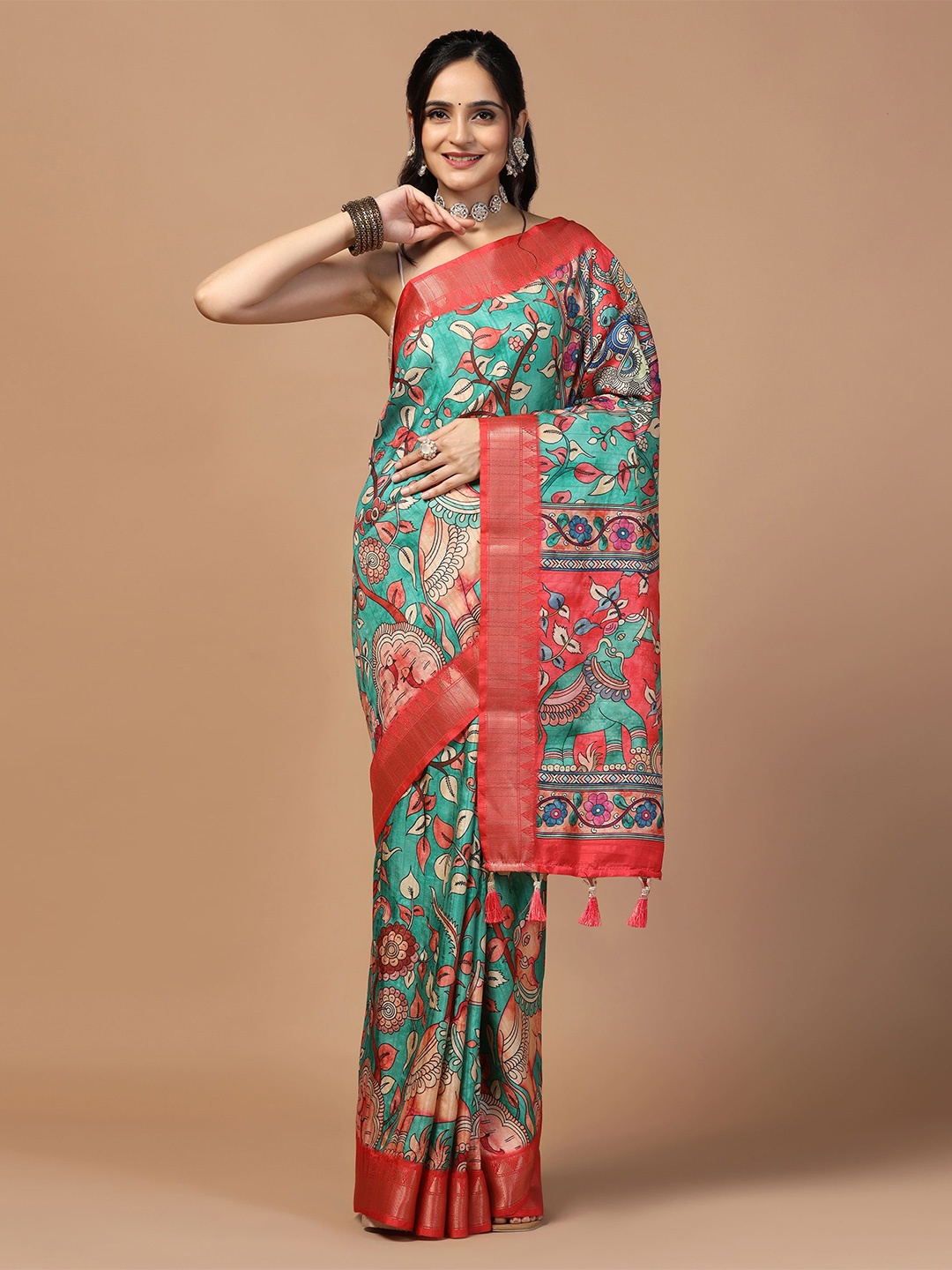 

Kaizen TEXO FAB Kalamkari Saree with Zari Border, Teal