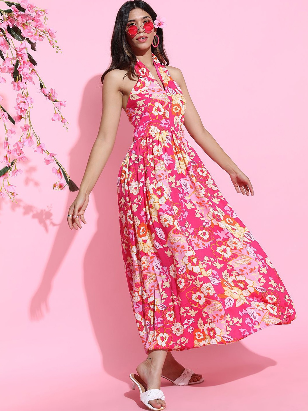 

Tokyo Talkies Floral Printed Halter Neck Maxi Dress, Pink