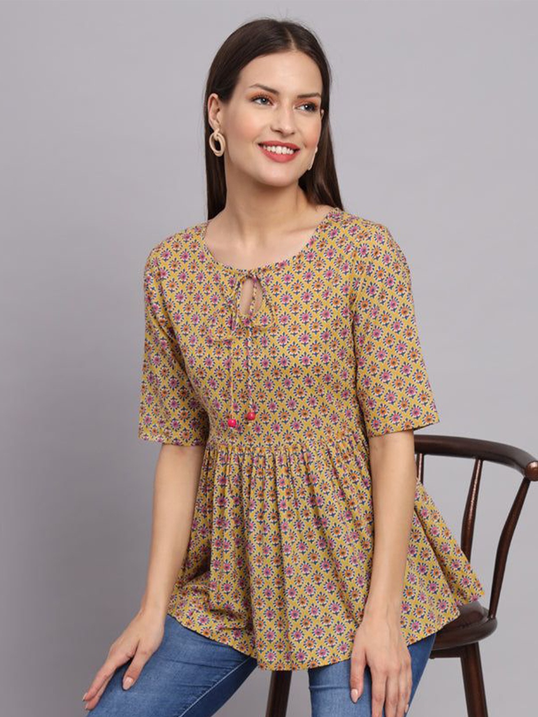 

KALINI Floral Print Cotton Top, Yellow