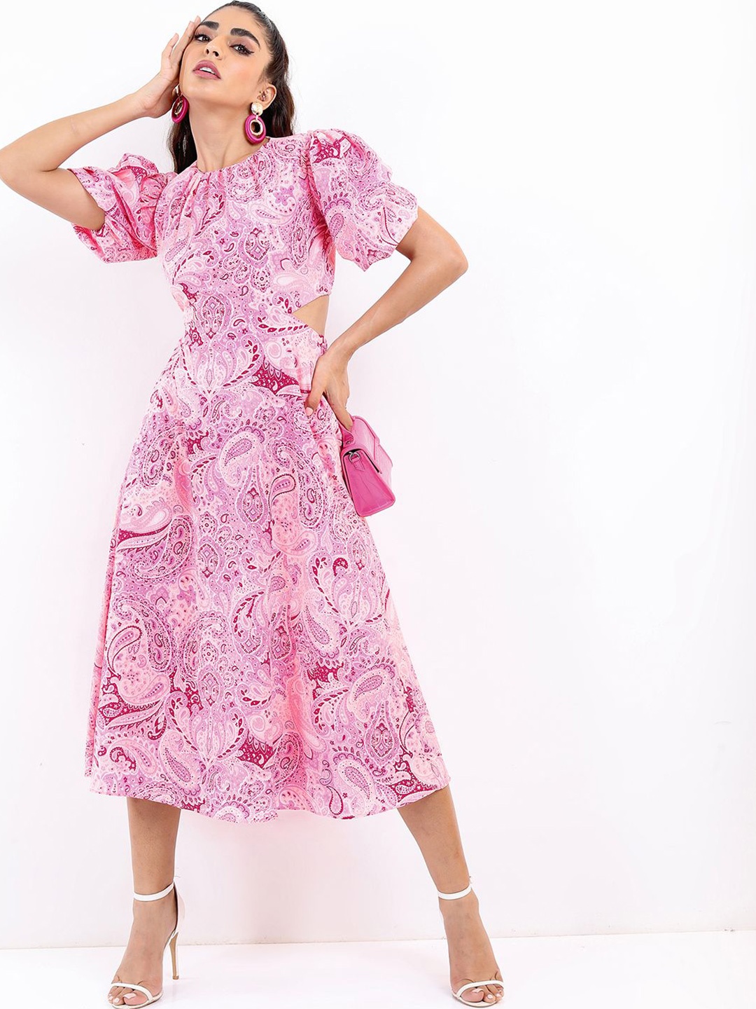 

Tokyo Talkies Ethnic Motifs Puff Sleeve Fit & Flare Midi Dress, Pink