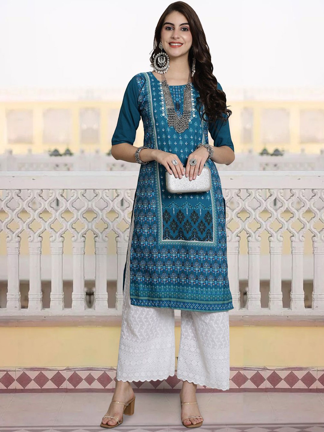 

7Threads Women Ethnic Motifs Printed Sequinned Floral Crepe Kurta, Multi