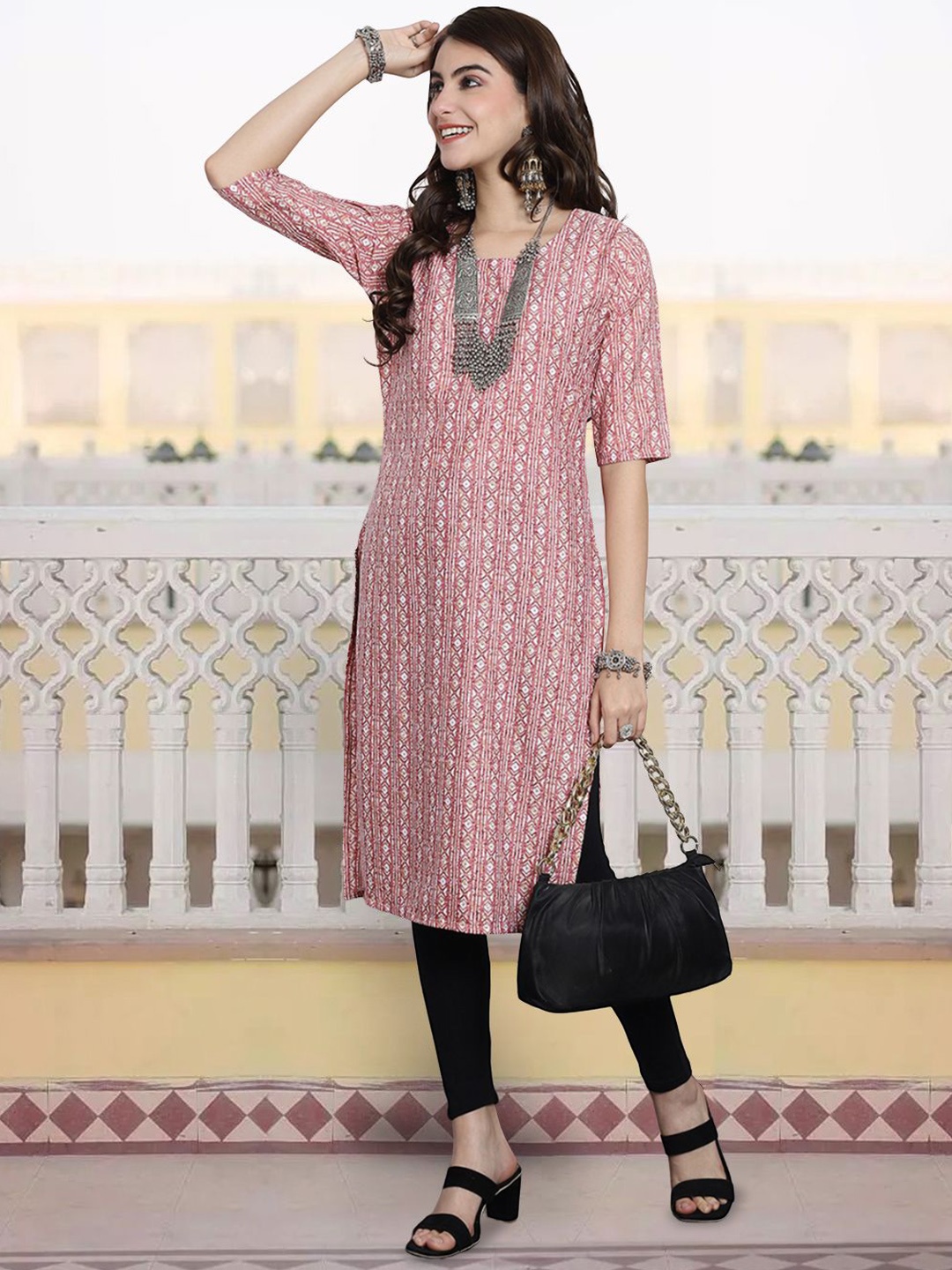 

7Threads Women Geometric Striped Floral Crepe Kurta, Multi