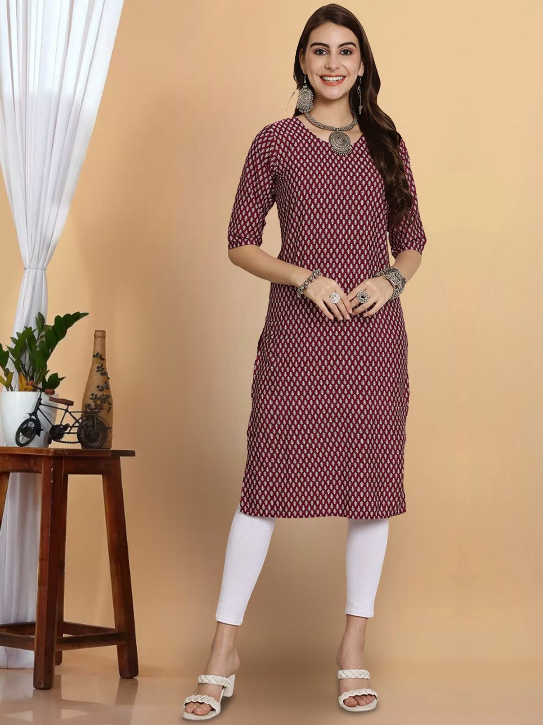 

7Threads Women Printed Flared Sleeves Thread Work Floral Crepe Anarkali Kurta, Multi