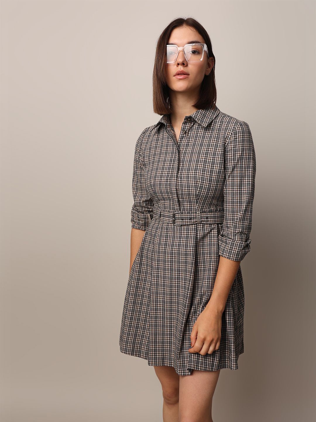

ONLY Checked Belted Shirt Dress, Grey