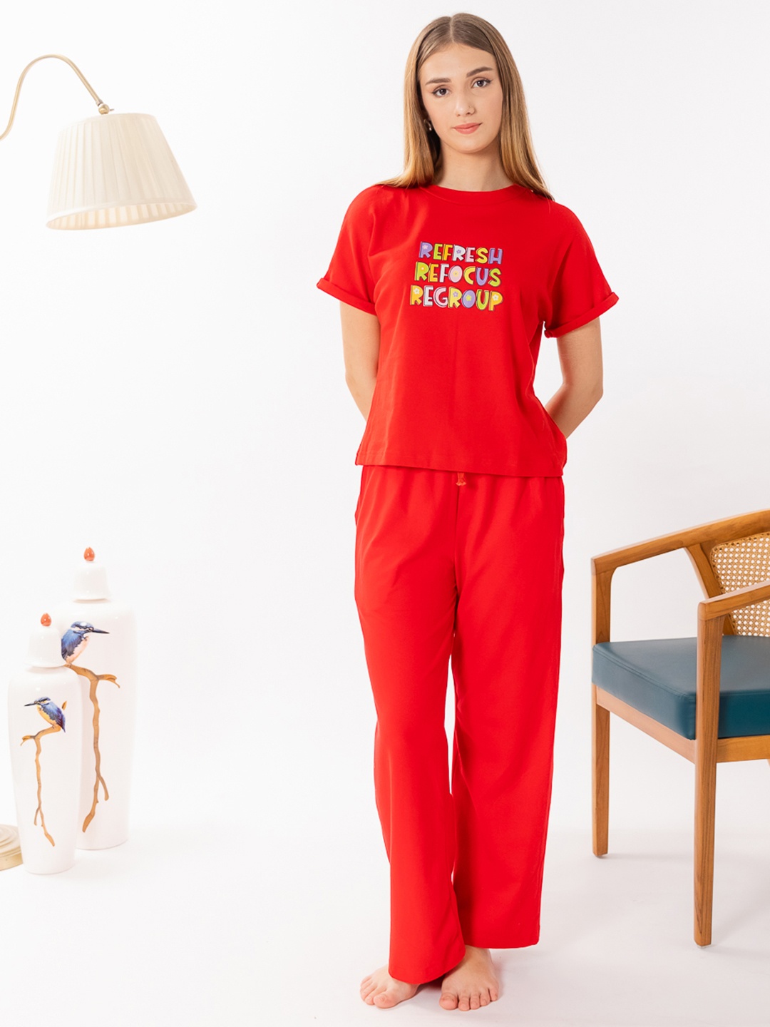 

ELEVENS HEAVEN Pure Cotton Typography Printed T-shirt With Pyjamas, Red