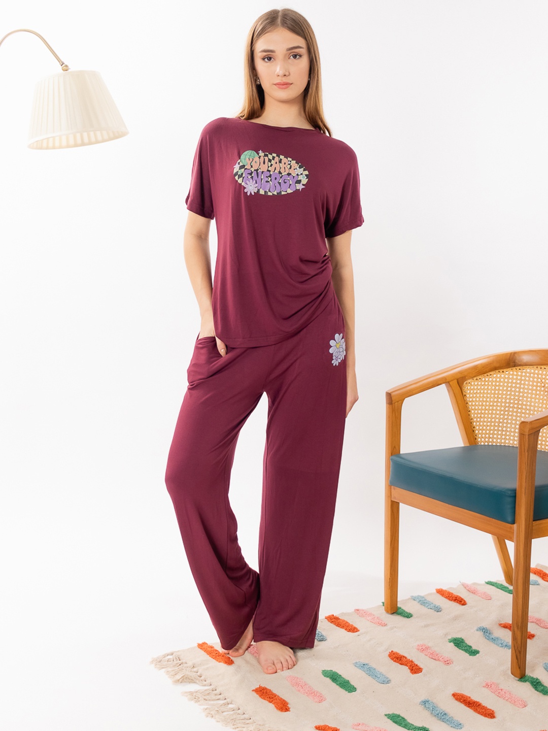 

ELEVENS HEAVEN Women Printed Pure Cotton Night suit, Maroon