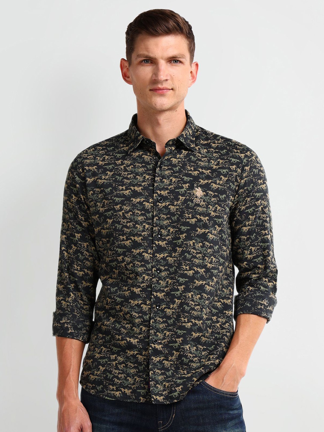 

U.S. Polo Assn. Denim Co. Men Classic Slim Fit Opaque Printed Casual Shirt, Black