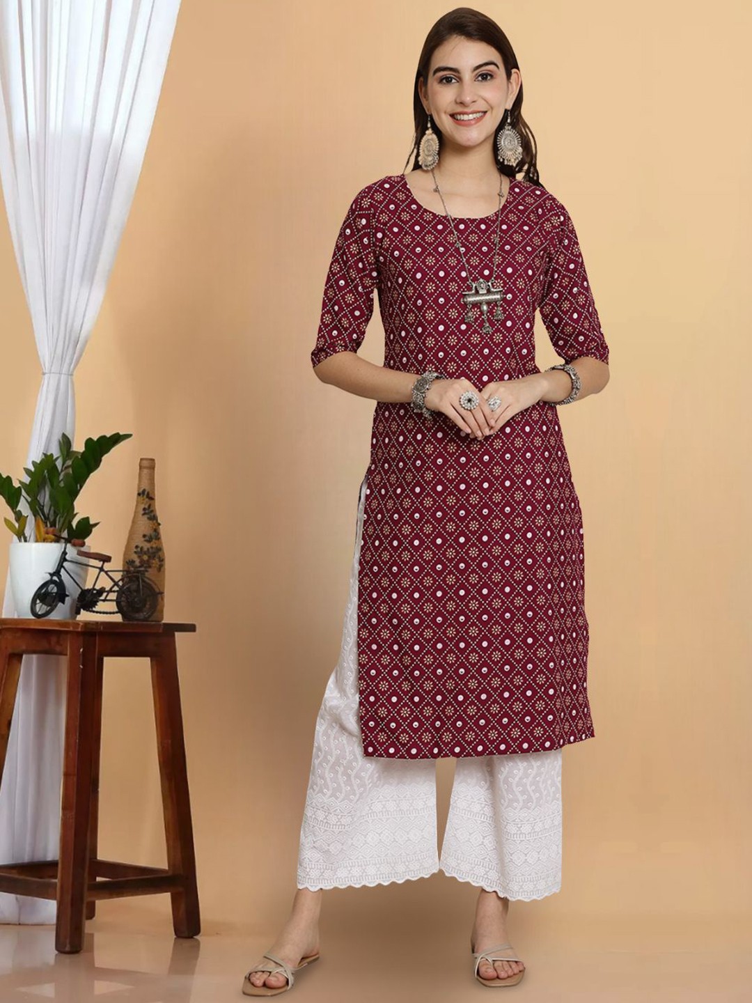 

7Threads Women Geometric Printed Mirror Work Floral Crepe Anarkali Kurta, Multi