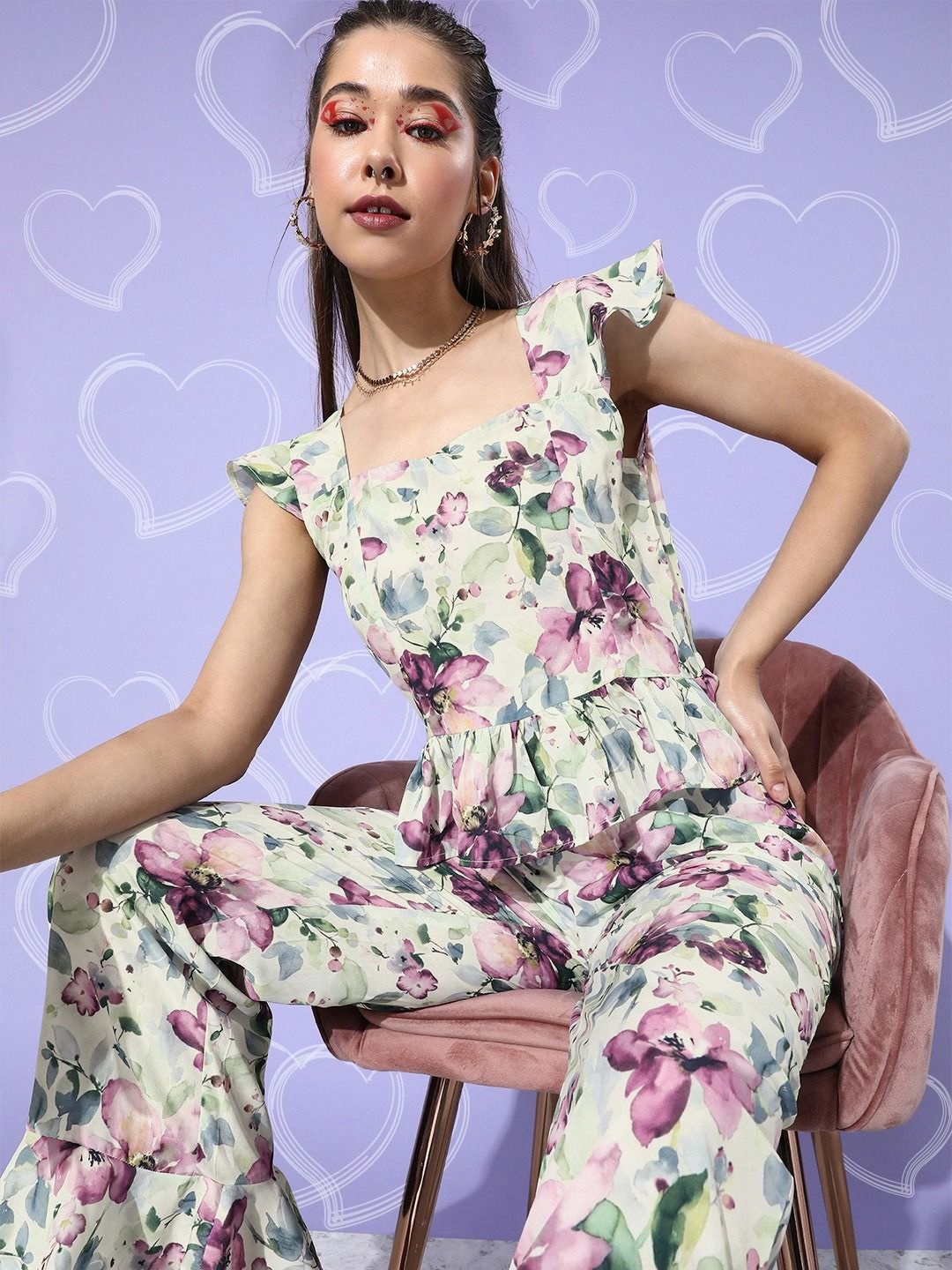 

Sera Women Floral Printed Basic Jumpsuit, Off white