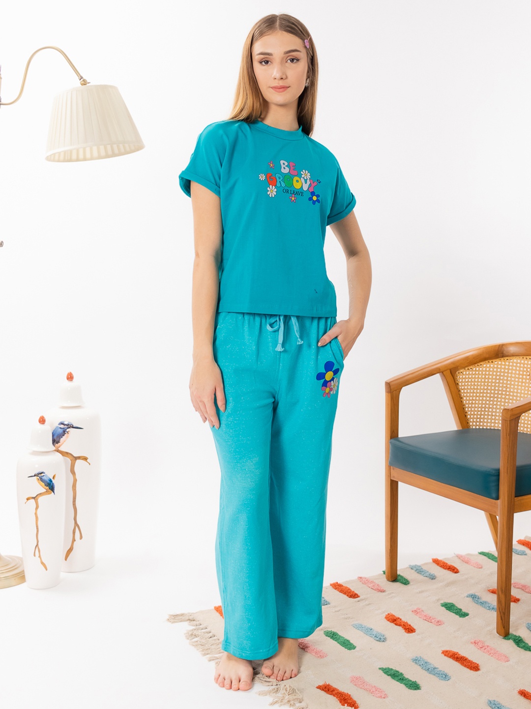 

ELEVENS HEAVEN Extended Sleeves Printed Pure Cotton Night suit, Blue