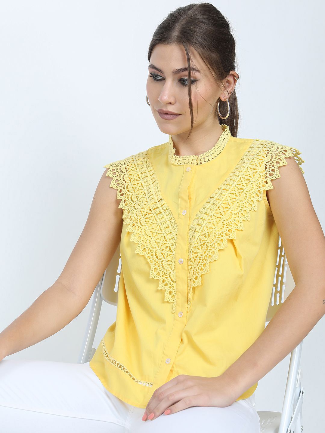 

Tokyo Talkies Mandarin Collar Cotton Shirt Style Top, Yellow