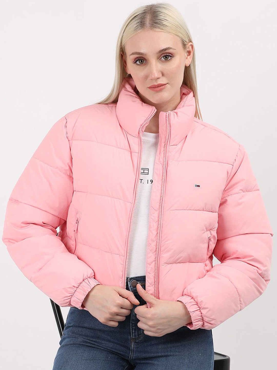 

Tommy Hilfiger Women Striped Crop Puffer Jacket, Pink