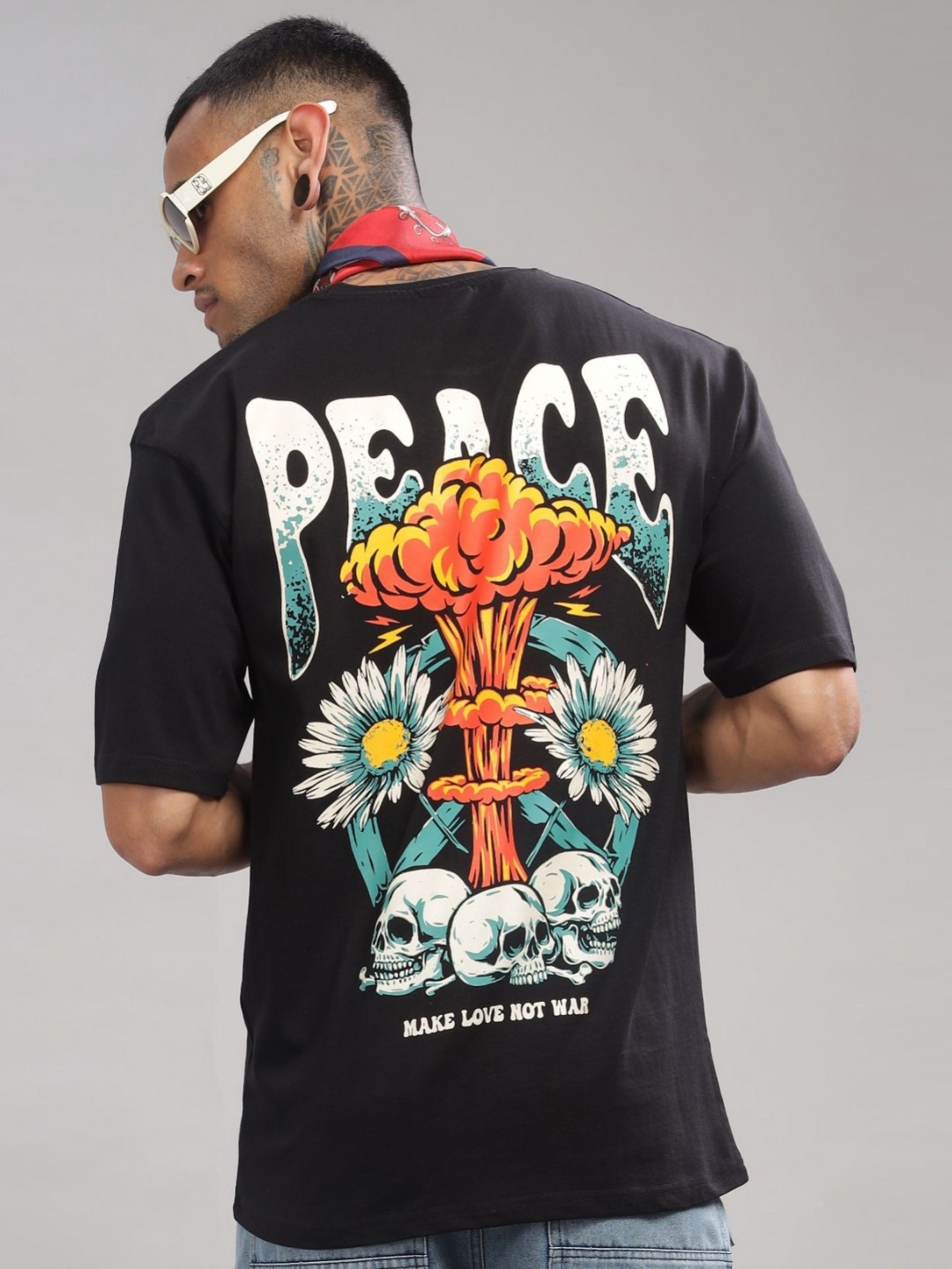 

ADRO Men Graphic Printed Round Neck Cotton Oversized T-Shirt, Black