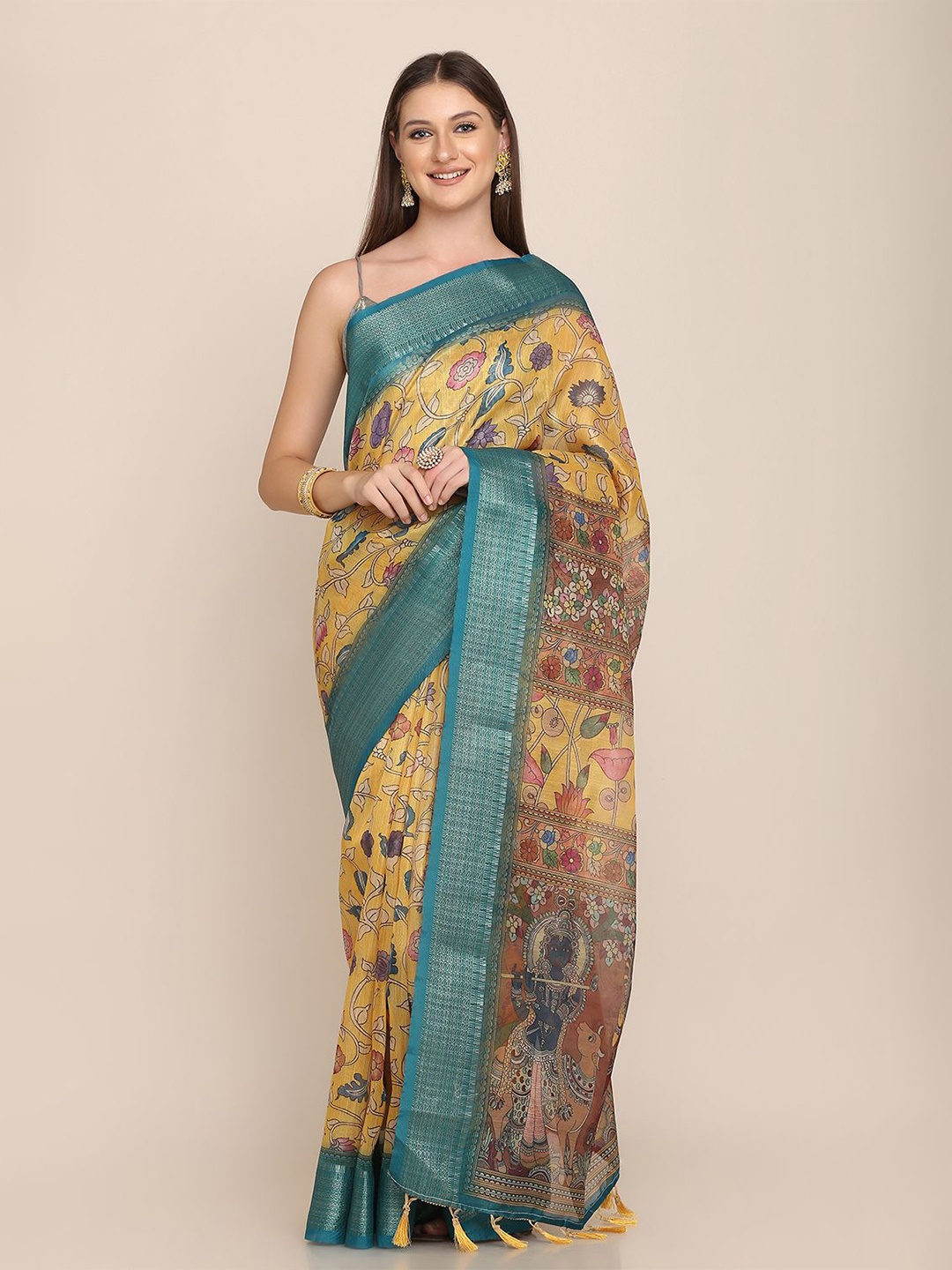 

Kaizen TEXO FAB Women Floral Printed Khadi Traditional Saree With Zari Border, Yellow